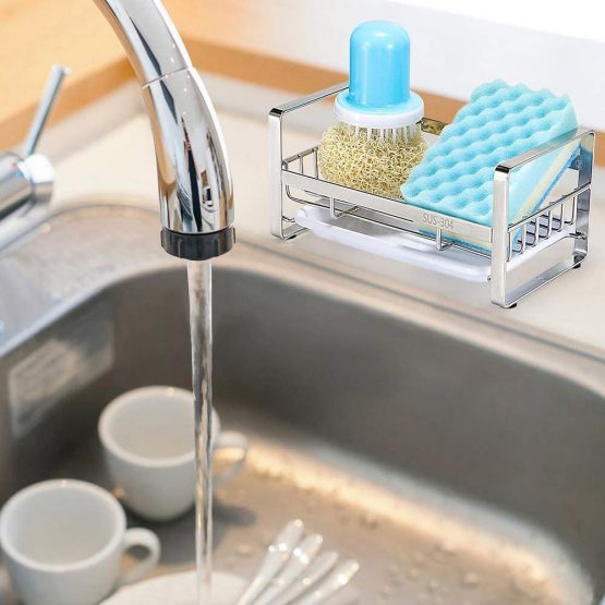 HULISEN Kitchen Soap Dispenser Caddy, 304 Stainless Steel Sponge Holder, Sink Organiser, Dish Storage Accessories with Removable Drain Tray (not Including Dispenser and Cleaning Brush) - Image 3