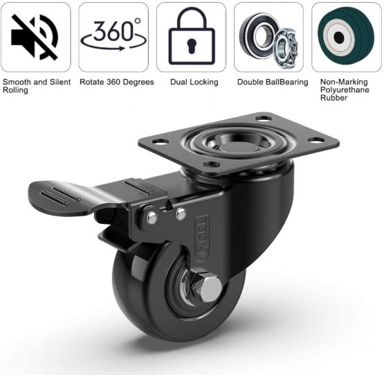 GBL Heavy Duty Castor Wheels with 2 Brakes + Screws - 50mm up to 200KG - Pack of 4 No Floor Marks Silent Caster for Furniture - Rubbered Trolley Wheels - Black Castors - Image 4