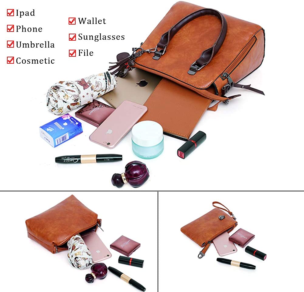 Segater® Women Fashion Handbag+Shoulder Bag+Purse+Card Purse Faux Leather Tote 4 Pieces, Black - Image 4