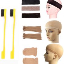 7-Piece Set Stretchy Nylon Wigs Caps Adjustable Velvet Wig Hair Headband Set with 2 Pcs Hair Edges Brushes Nude Color Cap for Women and Men