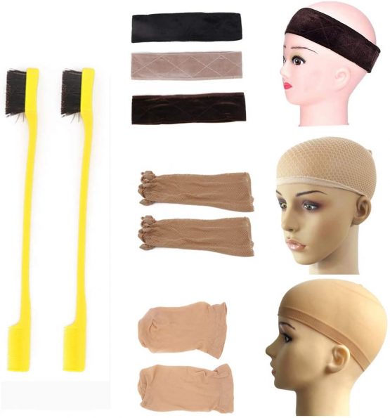7-Piece Set Stretchy Nylon Wigs Caps Adjustable Velvet Wig Hair Headband Set with 2 Pcs Hair Edges Brushes Nude Color Cap for Women and Men