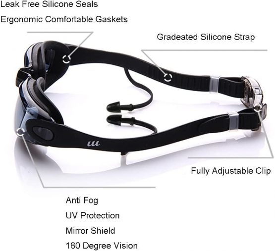 BEEWAY Swimming Goggles, Swim Goggles attached Ear Plugs for Adult Men Women And Kids 8+ - No Leaking, Anti Fog, UV Protection - Free Storage Case, Nose Clip and Earplugs - Image 2