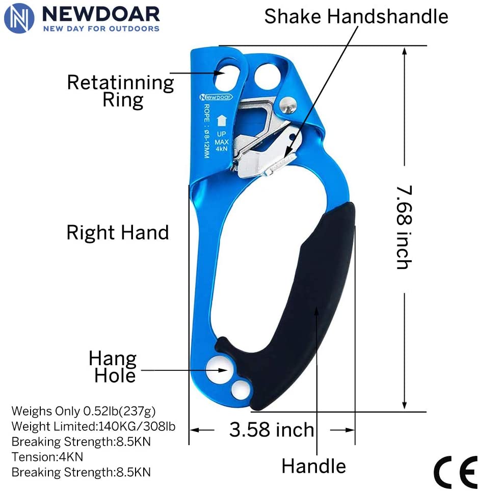 NewDoar UIAA & CE Certified Hand Ascender Rock Climbing Tree Arborist Rappelling Gear Equipment Rope Clamp for 8~13MM Rope-Right Hand Blue - Image 2