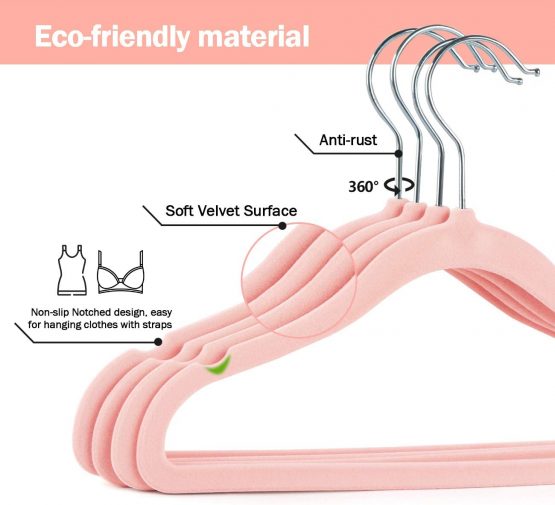 ilauke 20 Pack Kids Velvet Hangers, Children’s Clothes Hangers, Ultra Thin Space Saving Non-Slip 360° Swivel Hook Baby Velvet Hangers with 10 Finger Clips (Pink) - Image 3