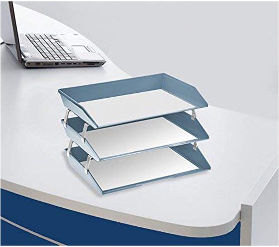 Acrimet Facility 3 Tier Letter Tray A4 Side Load Plastic Desktop File Organizer (Solid Blue Color) - Image 4