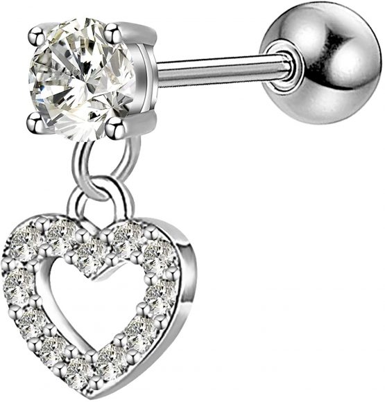 OUFER 16G 316L Stainless Steel Cartilage Earring Heart Shape Dangle Tragus Bars Clear CZ Helix Earrings