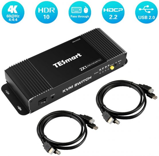 TESmart 2 in 1 out HDMI KVM Switch 4K@60Hz 4:4:4 Ultra HD 2 PCs 1 Monitor with Extra USB 2.0 Port&L/R Audio Output Control up to 2 PCs/Servers/DVR includes 2 pcs of 1.5 m KVM Cables-Matte Black