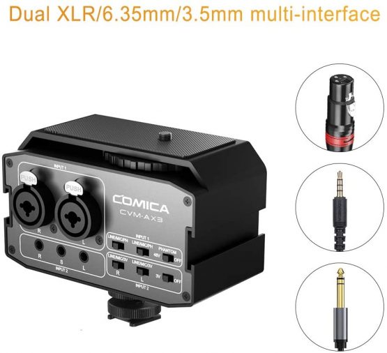 Comica CVM-AX3 Audio Mixer Adapter with 3.5mm/XLR/6.35mm Inputs and Stereo/Mono Output Switch,Camera Microphone Preamplifier for Canon Nikon Sony DSLR Cameras Camcorders Video Shooting - Image 2