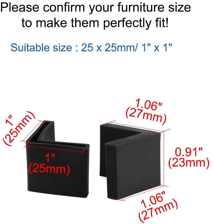 sourcing map 25 x 25mm Angle Iron Foot Pads L Shaped Plastic Furniture Desk Leg Cap End Covers Floor Protector Black 6 Pcs - Image 2