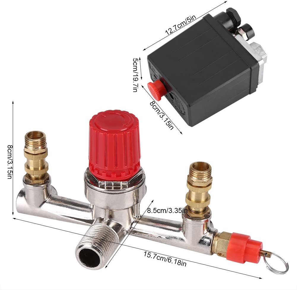 Fdit Air Compressor Pressure Switch Gauge Double Safety Valve Pressure Control with 120 Psi Pressure Regulator 230 V - Image 3