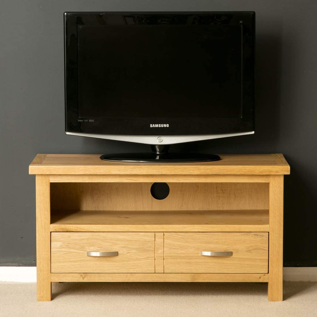 RoselandFurniture London Oak Small TV Unit, Light Lacquered Oak, 48cm x 90cm x 35cm - Image 2