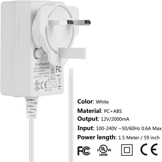 Rollerhouse 12V DC 2-Amp Plug-in Transformer DC Wall Adapter/Power Supply Adapter w/5 Ft Cable, AC 100-240V to DC 12V Transformers White - Image 3