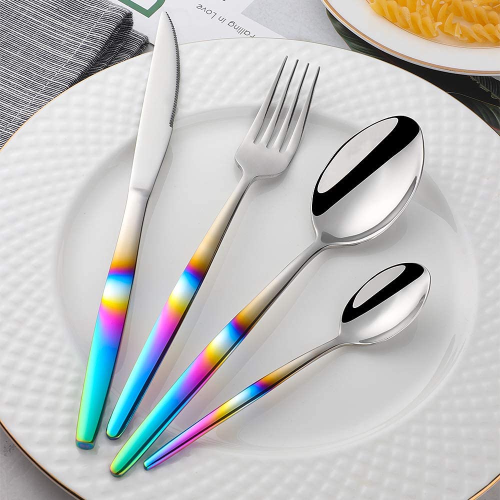 BISDARUN Stainless Steel Flatware Rainbow Coloured Handle Iridescent Cutlery Set 16 Piece Silverware Service for 4 Dinner Spoon Fork Knives Set for Party Outdooor Camping Travel Dishwasher Safe - Image 3