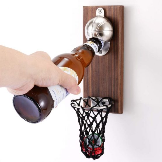 Magnetic Basketball Bottle Opener, Wooden Wall Mounted Opener with Cap Collector Catcher, Ideal Gift for Basketball and Beer Lovers, Use as Kitchen-Yard-Bar Decoration.