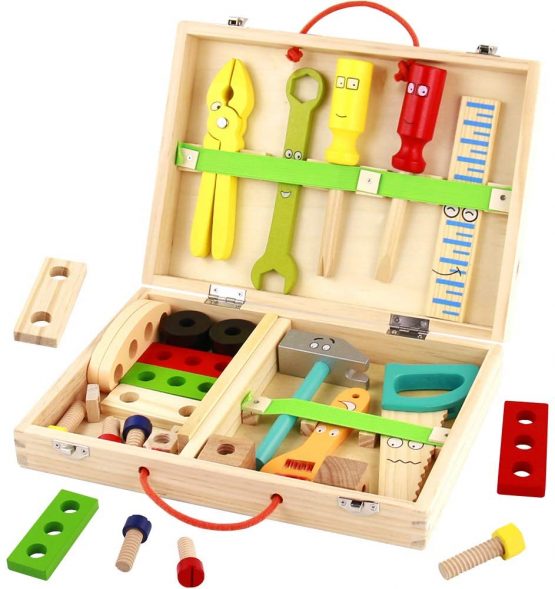 Wooden Toys Kids Tool Set-Wooden Kids Tool Box Kit Construction Toys Role Play for Kids,Children Woodworking Tools and Accessories Pretend Play Tool Kits, Kids Toys for 3 4 5 6 Year Olds Boys Girls