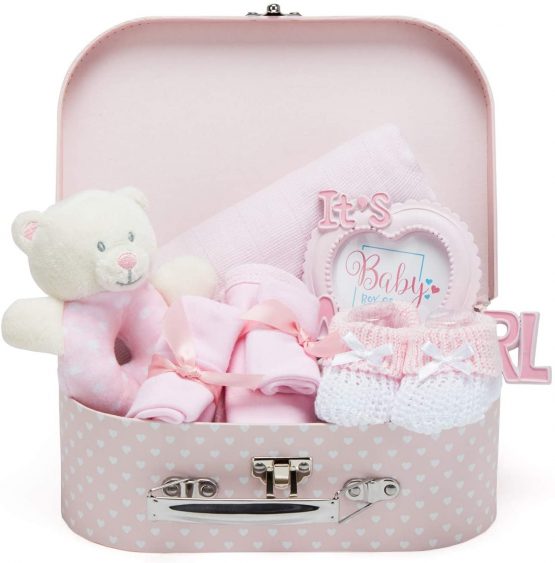 Baby Gift Set - Pink Hamper Box for Baby Girl with Baby Gifts Including a Rattle, Photo Frame, Muslin Cloth, Bib, Socks, Mitts and Hat…