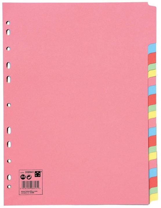 5 Star Office Subject Dividers Multipunched Manilla Card 20-Part A4 Assorted