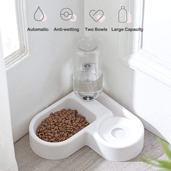 AYADA 2 in 1 Pet Feeder Water Automatic Dispenser with Bottle Dog Cat, Spill Proof Pet Drinking Fountain Water Bowl for Pets Feeding,No Spill Pet Water Bowl for Puppy Kitten Feed Pet Bowl(White)