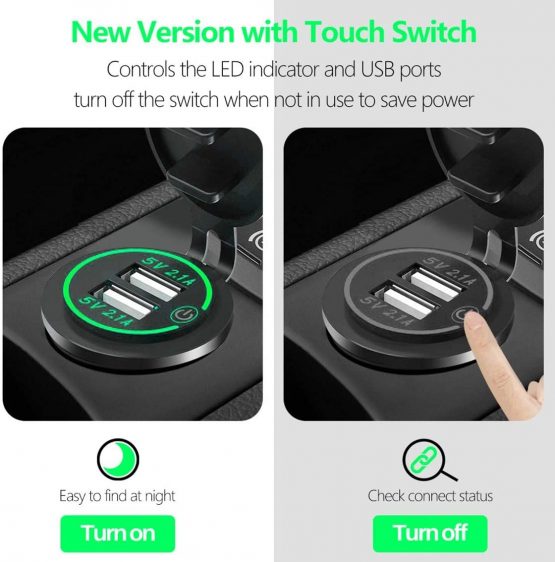 Thlevel Dual USB Charger Socket, Dual 5V/4.2A USB Car Charger Power Outlet with switch for 12V/24V Car, Boats and Marine, Motorcycle, Truck, SUV, UTV (1x USB Socket Green) - Image 3