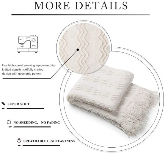 Bourina Textured Solid Soft Sofa Throw Couch Cover Knitted Decorative Blanket, White, 125x152cm - Image 2