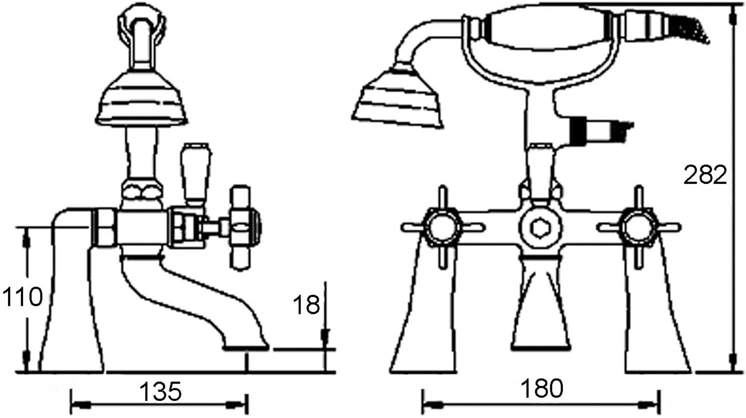 nuie I304X Beaumont Traditional Bathroom Crosshead Handle 1/2" Bath Shower Mixer Tap with Shower Kit, 282 x 220 x 165mm , Chrome - Image 2