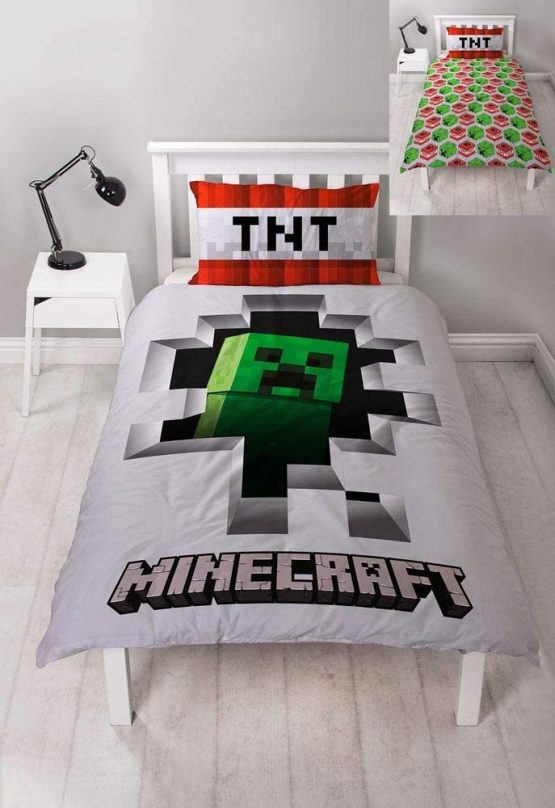 Minecraft Dynamite Single Duvet Cover Officially Licensed Reversible Two Sided Creeper Design with Matching Pillowcase, Polyester, White, Green, Red
