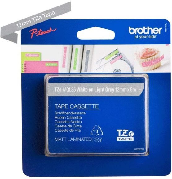Brother TZe-MQL35 Labelling Tape Cassette, White on Matt Light Grey, 12 mm (W) x 5 m (L), Laminated, Brother Genuine Supplies