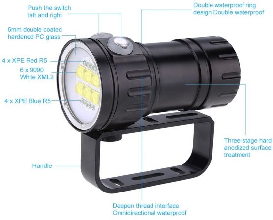 Fdit 28800 Lumens Led Diving Flashlight Photography Fill Lamp Underwater 80 M Torch with Stand Red Blue Lightweight Socialme-EU - Image 3