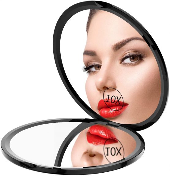 Gospire Pocket Makeup Mirror for Travel, 1X/10X Double Sided Magnifying Compact Handbag Cosmetic Mirror, 4 Inch Ultra-thin Handheld Round Foldable Portable Mirror for Women (Black)