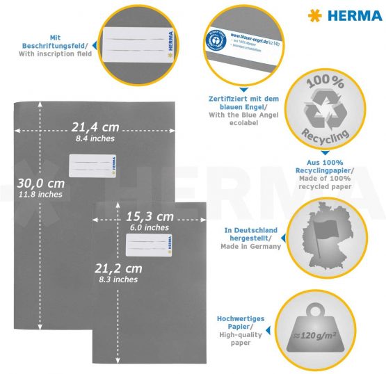 HERMA Paper Exercise Book Cover A5, with Inscription Field, Made of 100% Recycled Paper, Slip on Cover Jackets for School, Yellow - Image 4