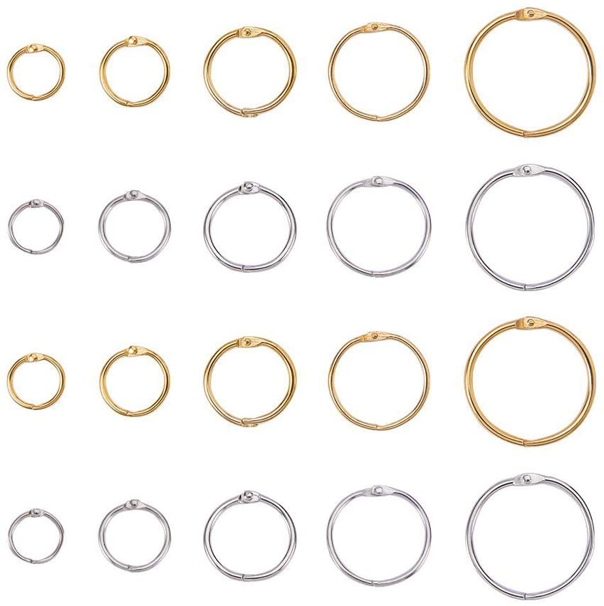 PandaHall Elite 100pcs Hinged Rings Ring Binder Ring with Movable Leaves Ring Binder Rings for Book with Loose Leaf Rings 19~44 x 2~3 mm Gold and Platinum