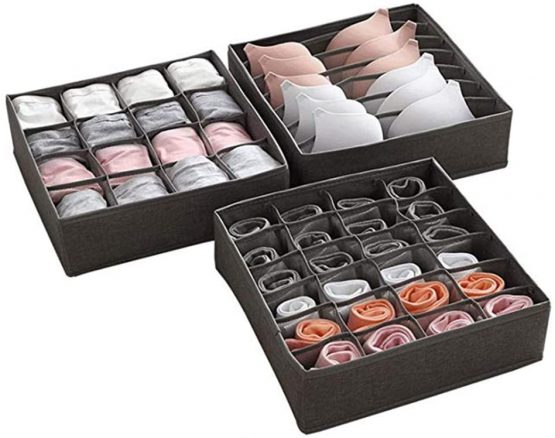 JHSH Bra Underwear Drawer Organiser, Collapsible Houseware Closet Underwear Organizer Drawer Divider, Foldable Storage Box for Bras, Underwear, Socks, Neck Ties, Scarves 3 Set (Grey)