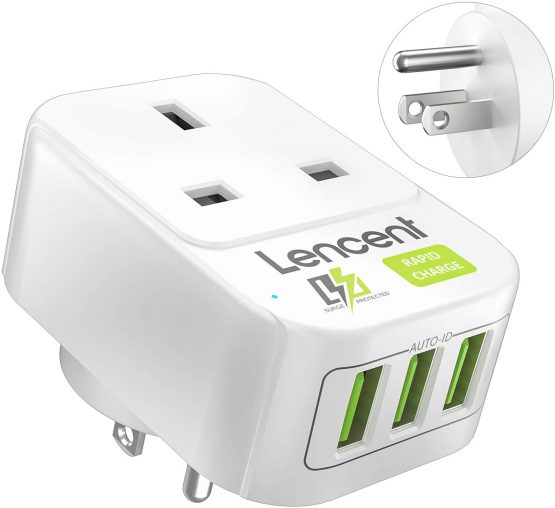 UK to US Plug Adapter with 3 USB Ports, LENCENT Grounded America Travel Adapter for USA Mexico Canada Thailand and More (Type B)