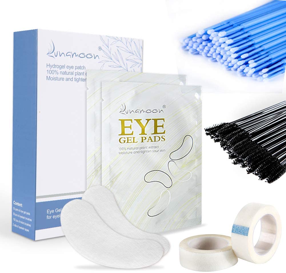 Under Eye Gel Pads 50pcs Eyelash Extension Pads Lint Free Eye Patches Eyelash Patches + 50pcs Eyelash Brush + 50pcs Micro Applicators Brushes + 2 Rolls Eyelash Tapes(set02)