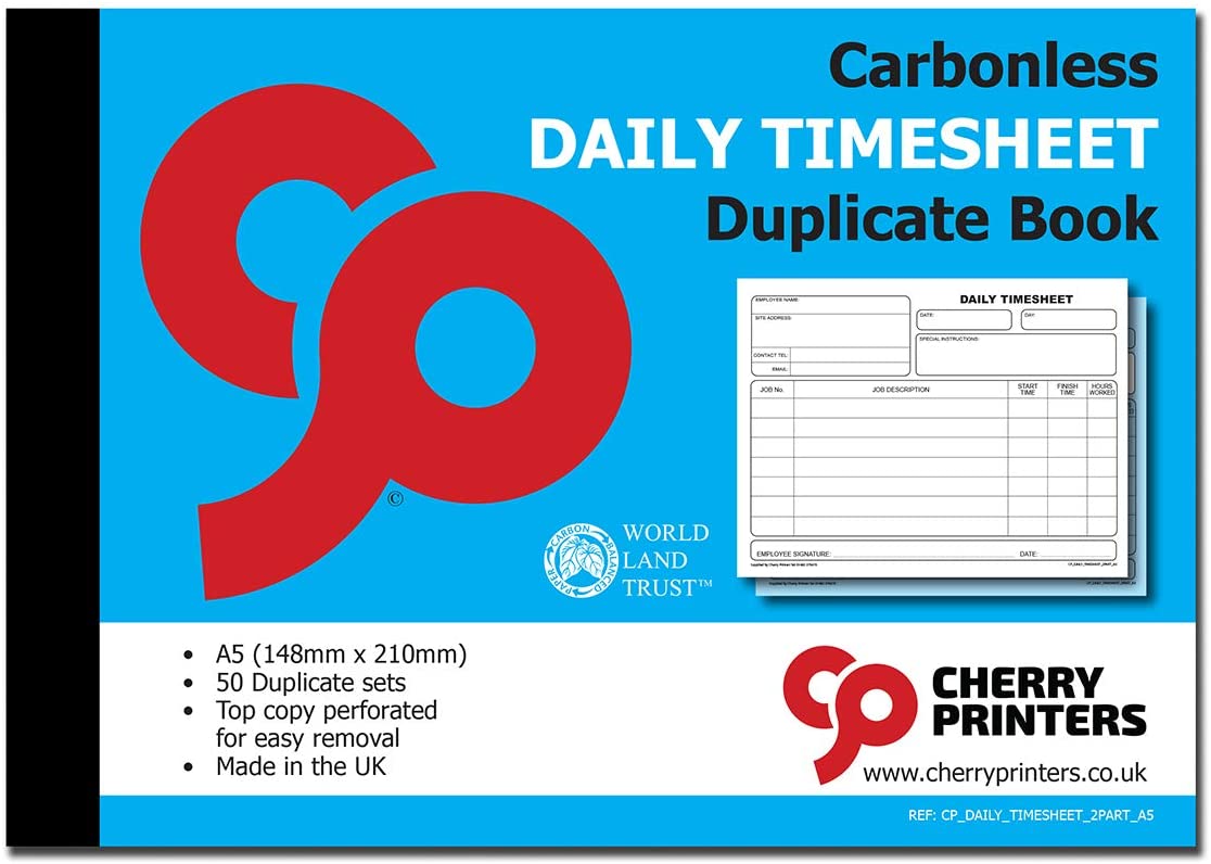 Cherry Carbonless NCR Daily Timesheet Duplicate Book A5 50 Sets, White