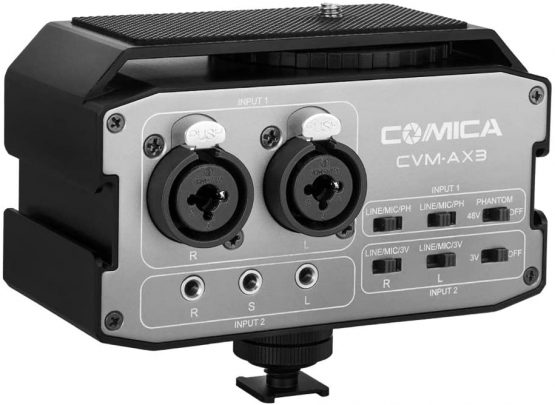 Comica CVM-AX3 Audio Mixer Adapter with 3.5mm/XLR/6.35mm Inputs and Stereo/Mono Output Switch,Camera Microphone Preamplifier for Canon Nikon Sony DSLR Cameras Camcorders Video Shooting