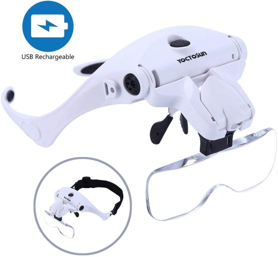 YOCTOSUN LED Head Magnifier, Rechargeable Hands Free Headband Magnifying Glass with 2 Led Professional Jeweler's Loupe Light Bracket and Headband are Interchangeable