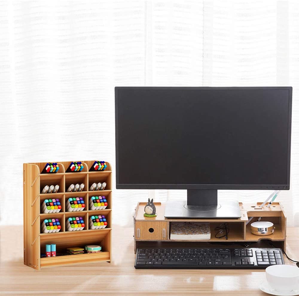 Hggzeg Wooden Pen Holder Storage Box, Multifunctional Desk Organiser Desk Tidy Pen Holder for Home Office and School (Cherry Color) - Image 4