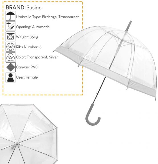 Susino Parapluie Droit ouverture automatique - Transparent avec Bordure Argent Folding Umbrella, 90 cm, Silver (Argenté) - Image 3