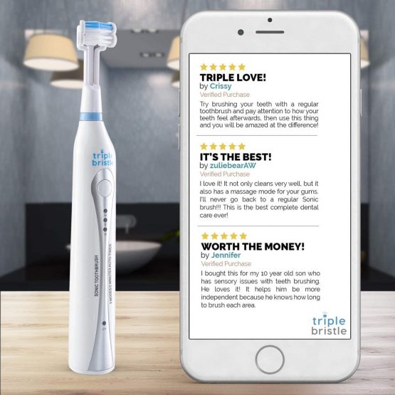 Triple Bristle Best Sonic Rechargeable Electric Toothbrush (3 Brush Head Design) Perfect Angle Bristles Clean Each Tooth 31,000 VPM - Image 2