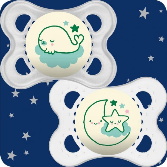 MAM Night Soothers 0+ Months (Pack of 2), Glow in the Dark Baby Soothers with Self Sterilising Travel Case, Newborn Essentials, Green/White, (Designs May Vary) - Image 3