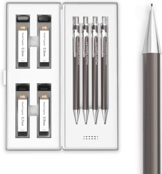 MozArt Mechanical Pencil Set with Case - 4 Sizes: 0.3, 0.5, 0.7 & 0.9 mm, 30 HB Lead refills each & 4 Eraser Refills - Drafting, Sketching, Illustrations, Architecture, Writing