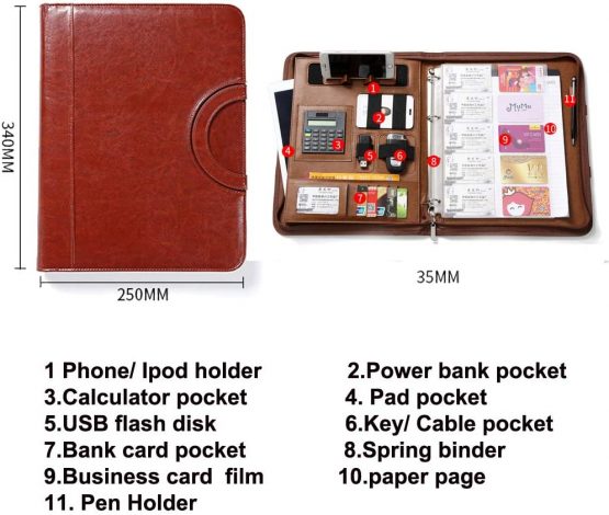 A4 Zipper Leather New Version Conference Folder Business Document Bag Portfolio with Ring Binder，A4 Writing Pad ，Card Holders，Calculator and Notebook Business Document File Folder - Image 3