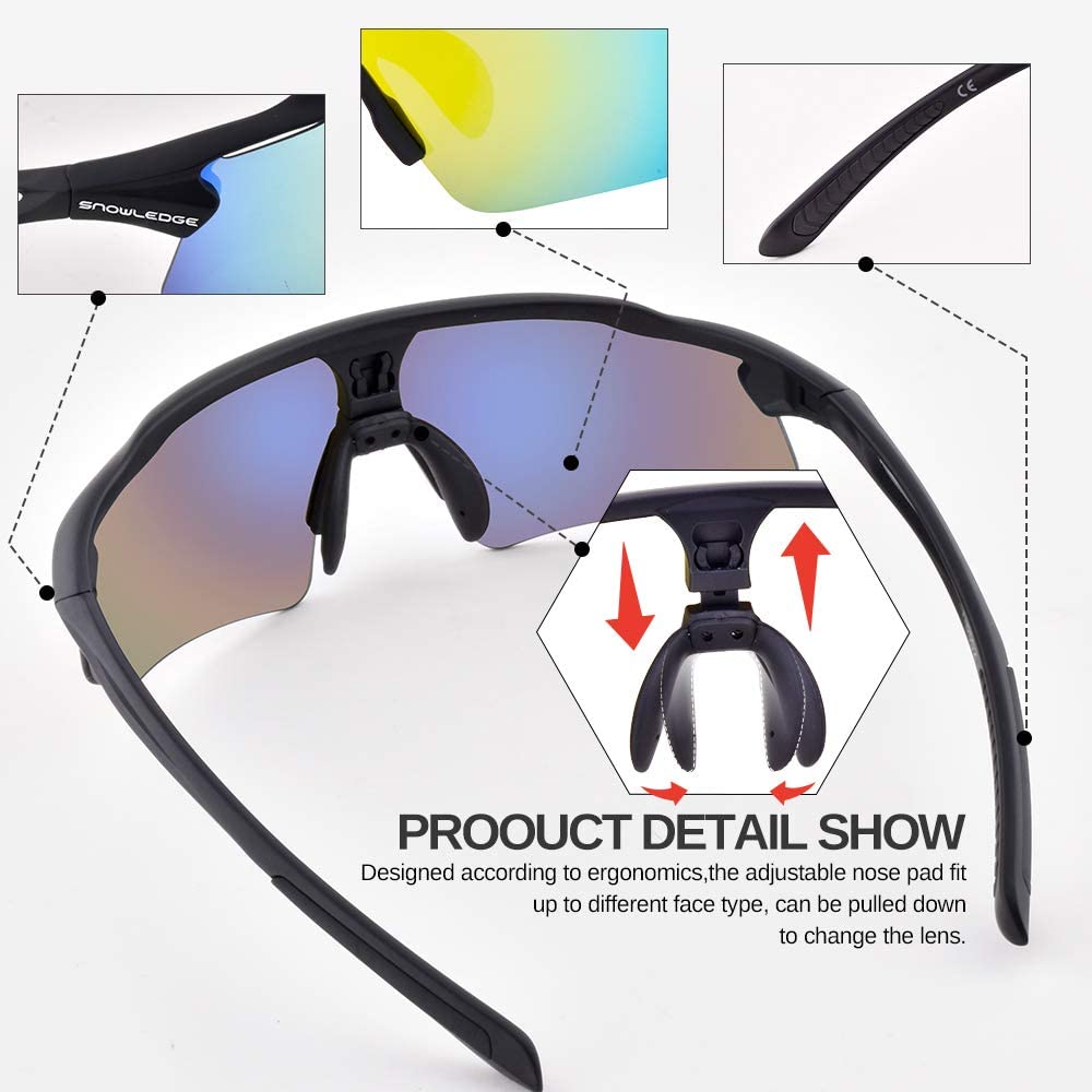 Snowledge Cycling Glasses with 5 Interchangeable Lens UV 400 Protection Polarised Sports Sunglasses for Men Women Running Climbing Fishing Driving Golfing - Image 3