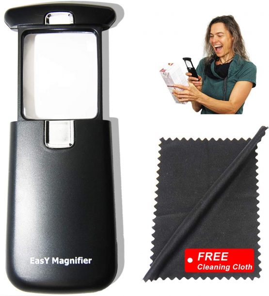 EasY Magnifier Original Pocket Led Magnifying Glass with Light 3X Small Hand Held Lighted Magnify Glasses for Close Work Reading Books Kids Toy; Mini Lens for Visually Impaired As Low Vision Aids