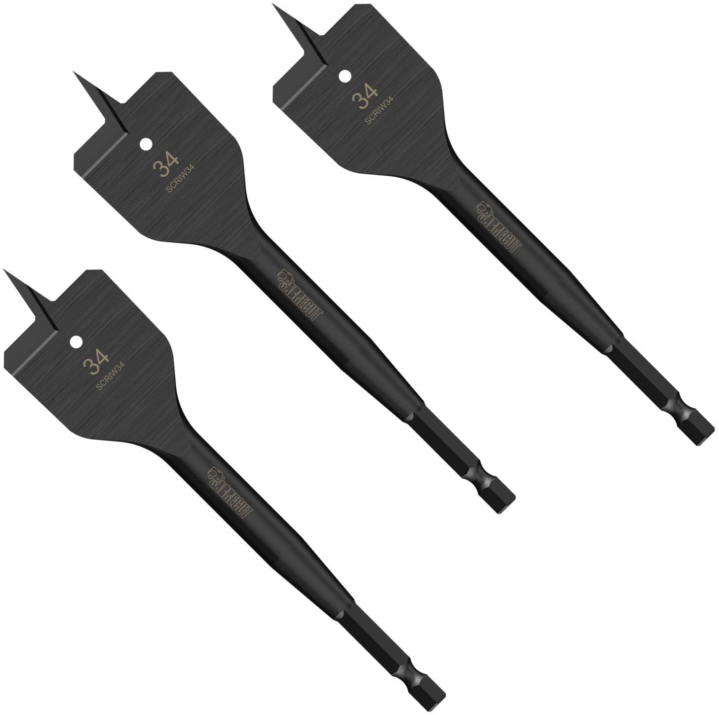 3 x SabreCut SCRIW34_3 34mm x 152mm Impact Rated Flat Wood Spade Bits for Softwood Hardwood Chipboard