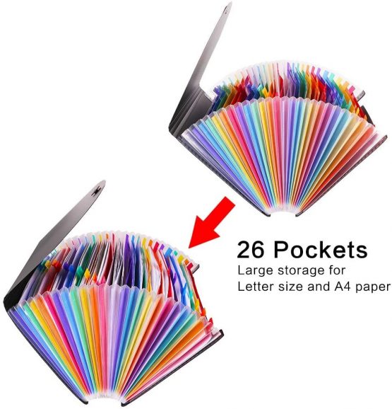 26 Pockets Expanding File Folder Organisers A4 Size, Plastic Filing Box Document Organiser, Expandable Filing Folders/Accordion Desk Files Expander, Portable Bills Storage Box with 3 A-Z Alphabet Tabs - Image 2