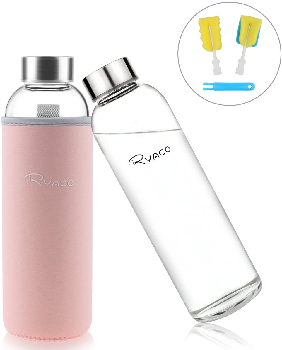 RYACO Glass Water Bottle 550ml/18oz,Borosilicate Glass Bottle with Neoprene Protective Case for Hot Cold Drinks,BPA-Free Leak Proof,Sport Water Bottles with Sponge Brush,Dishwasher Safe