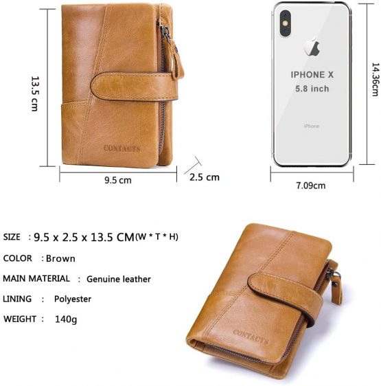 Contacts Mens Genuine Leather Trifold Wallet Card Holder Zipper Coin Bifold Short Purse Vintage (Brown) - Image 3