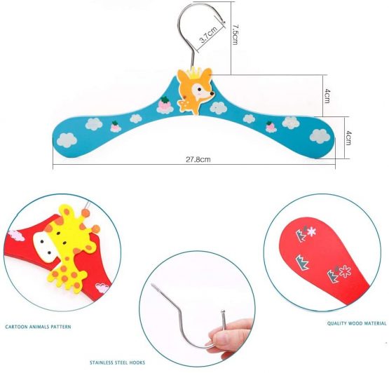 Cozywind Kids Clothes Hanger Non-Slip Wooden Set of 12 Cartoon Baby Clothes Hanger Animal Motifs, Multicolored - Image 3